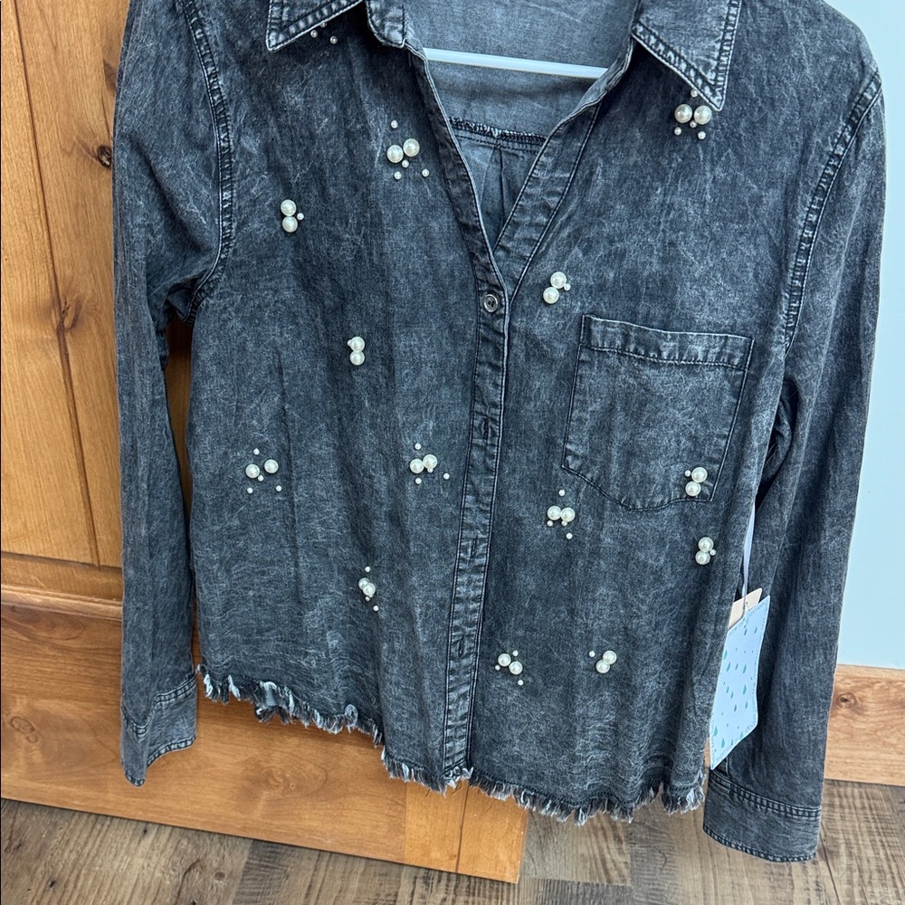 Sweet Rain Black Distressed Pearl-Embellished Denim Shirt